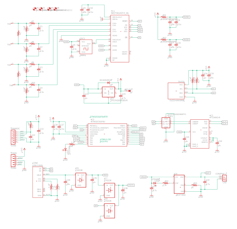 MCP3911、STM32、USB、充電回路を含む回路図